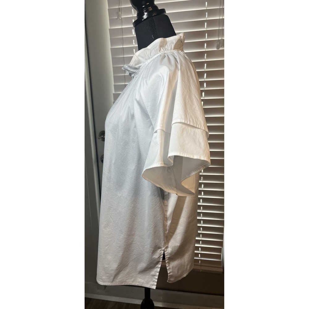 Ming Wang White Poplin Blouse Ruffle Neck Flutter Sleeve Minimalist Top Womens L - Picture 4 of 12